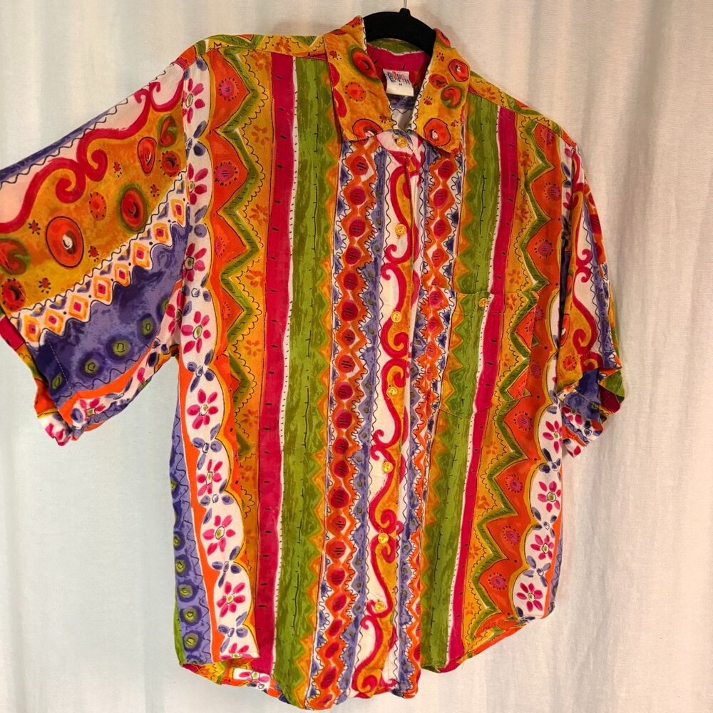 Vintage 90s Blue Earth Rayon Button Front Shirt M Colorful Boho Print